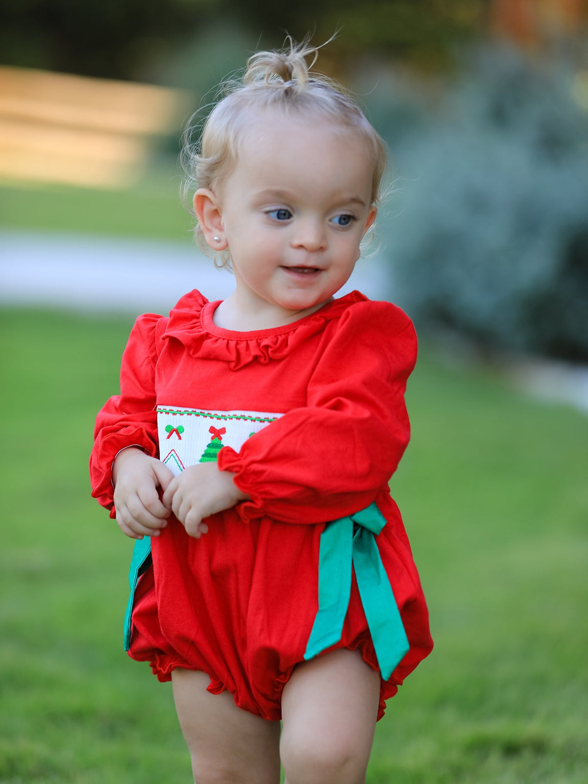 Christmas Smocked Girls Romper with Green Bow and Tree Embroidery - Rylee Faith Designs - Flyclothing LLC