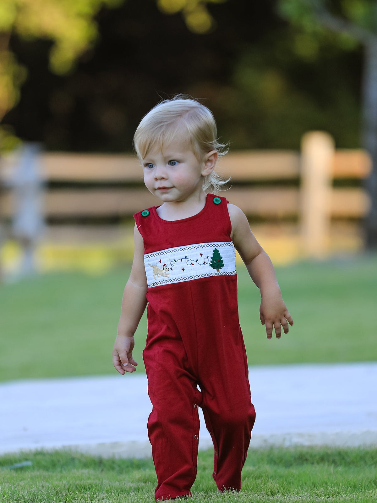 Christmas Tree Dog Smocking Embroidered Baby Boys Romper - Rylee Faith Designs - Flyclothing LLC