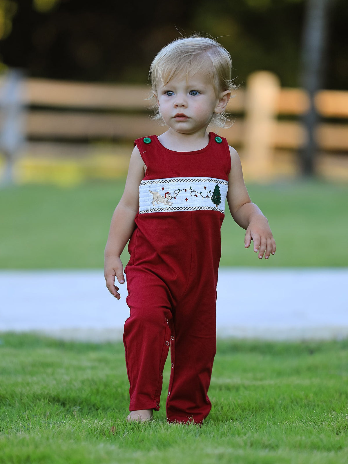 Christmas Tree Dog Smocking Embroidered Baby Boys Romper - Rylee Faith Designs - Flyclothing LLC