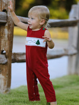 Christmas Tree Dog Smocking Embroidered Baby Boys Romper - Rylee Faith Designs - Flyclothing LLC