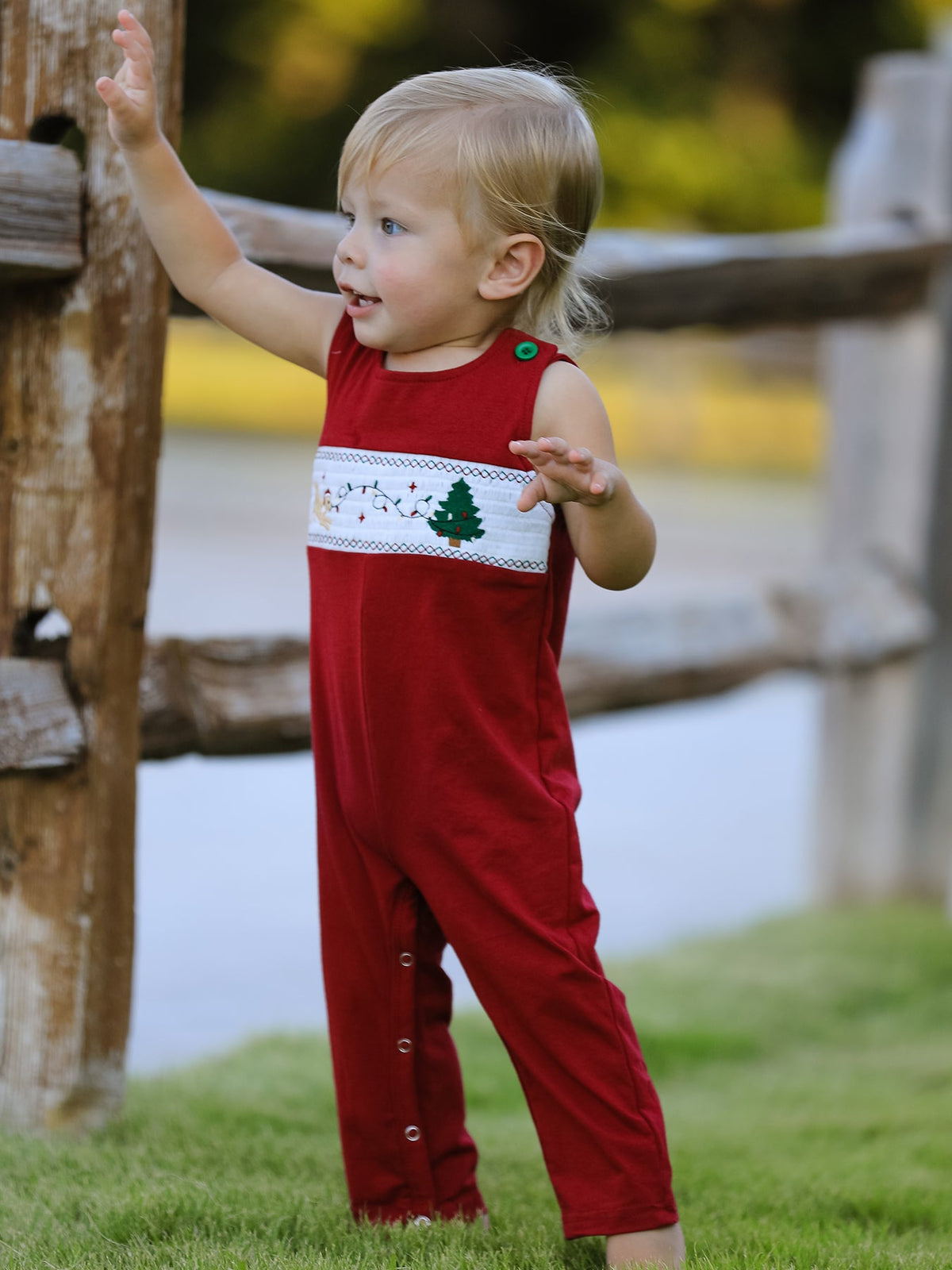 Christmas Tree Dog Smocking Embroidered Baby Boys Romper - Rylee Faith Designs - Flyclothing LLC