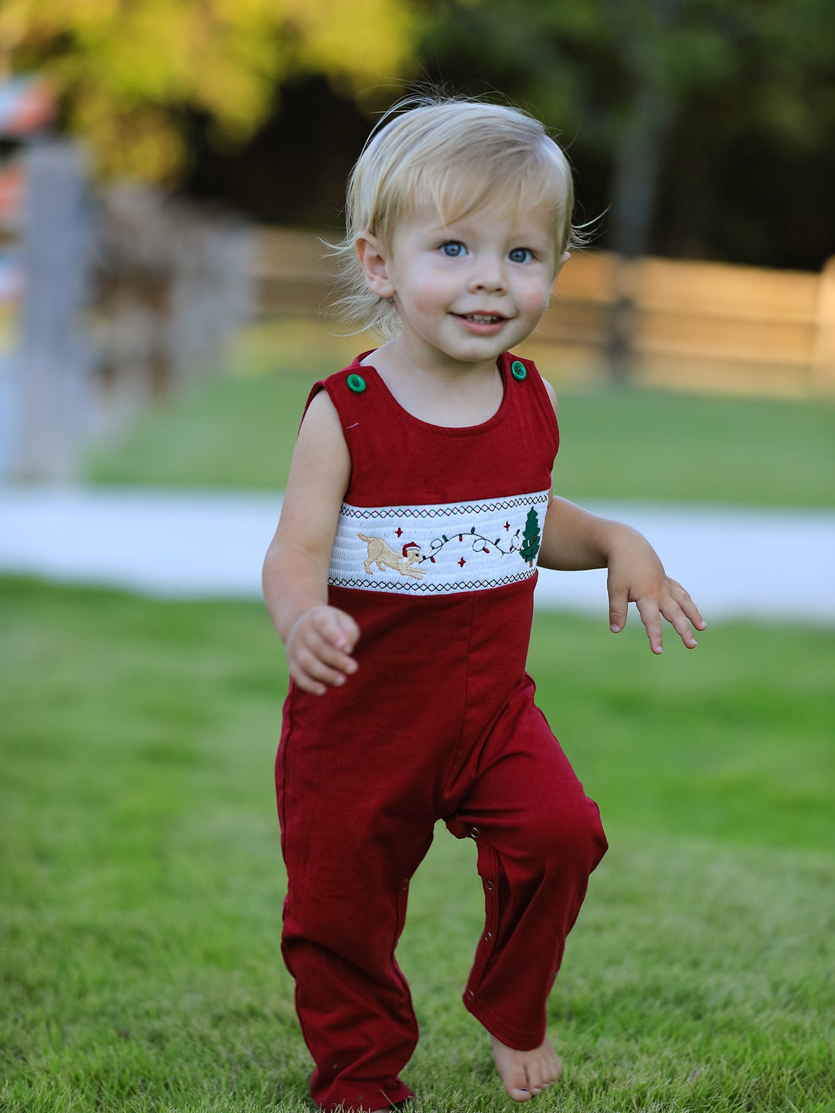 Christmas Tree Dog Smocking Embroidered Baby Boys Romper - Rylee Faith Designs - Flyclothing LLC