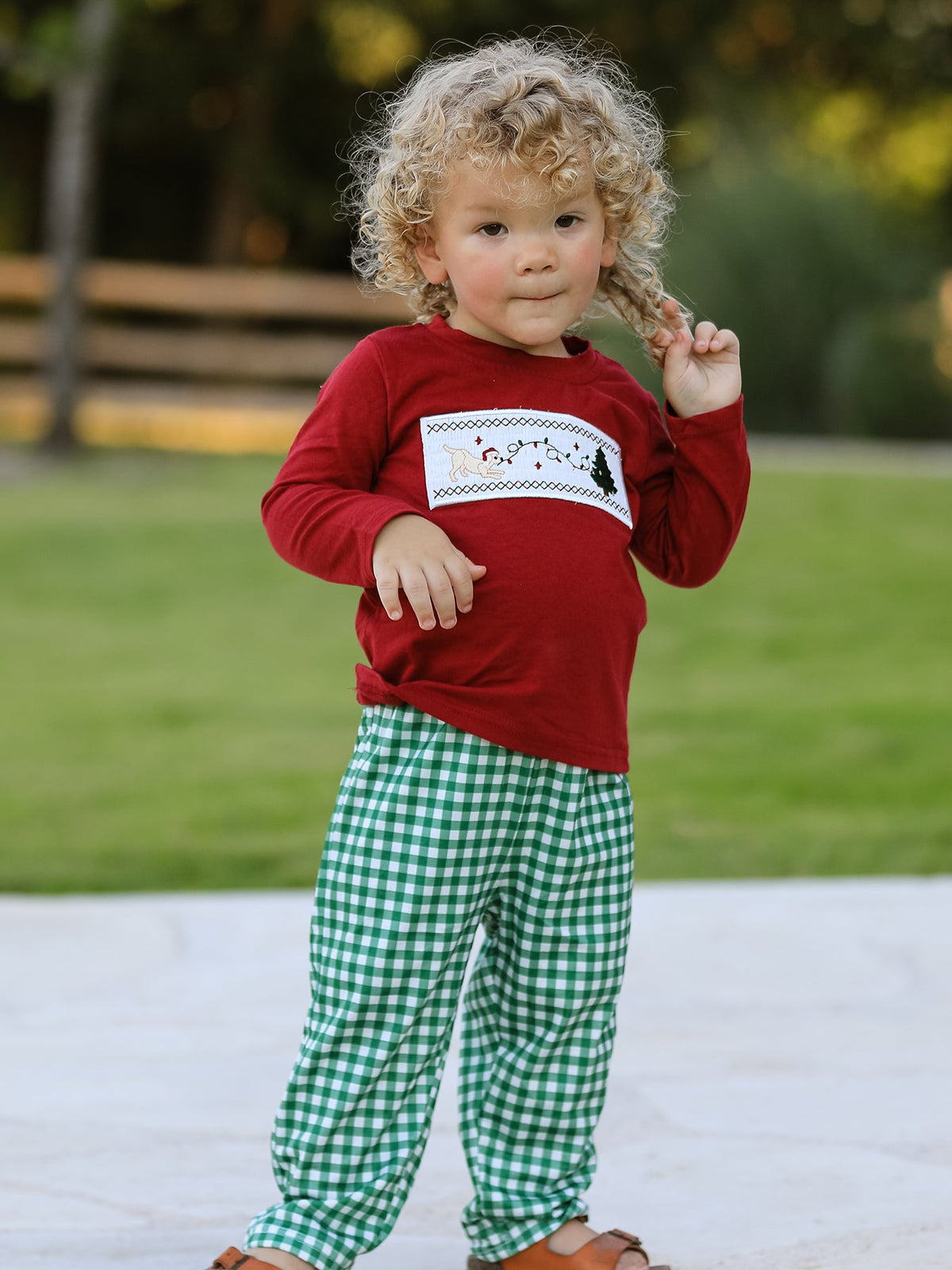 Christmas Tree Dog Smocking Embroidered Plaid Boys Set - Rylee Faith Designs - Flyclothing LLC