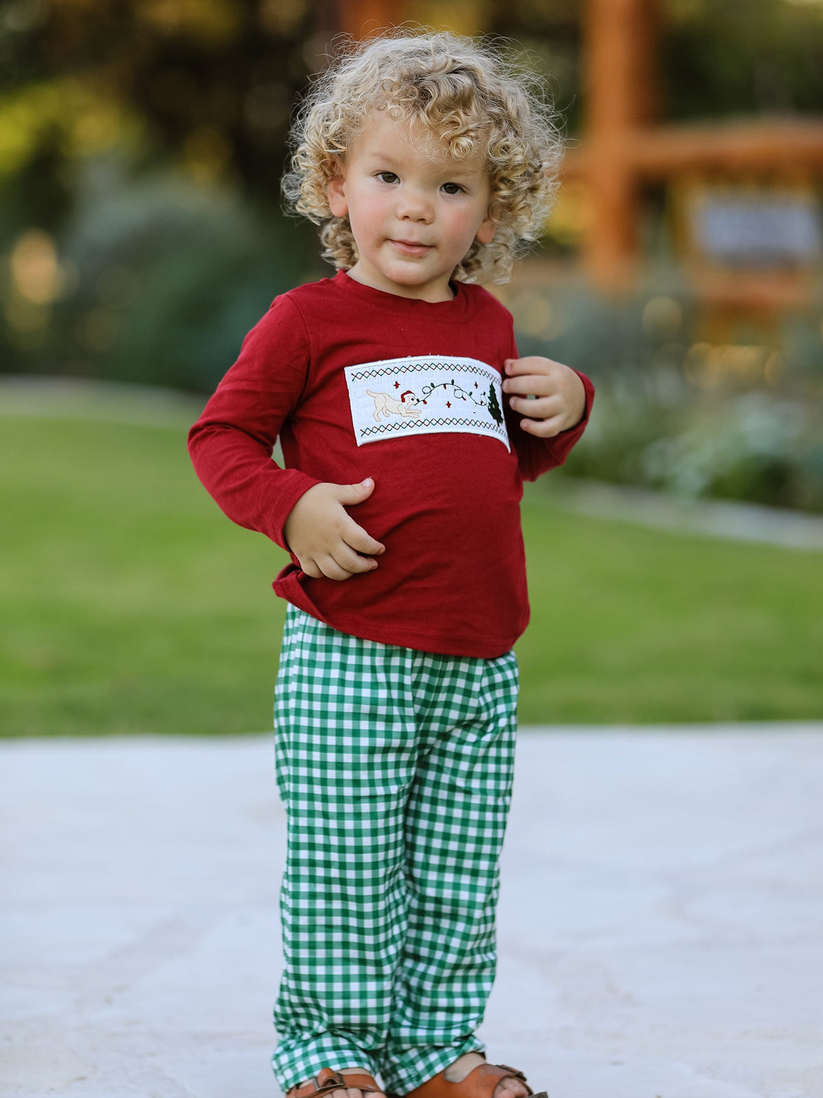 Christmas Tree Dog Smocking Embroidered Plaid Boys Set - Rylee Faith Designs - Flyclothing LLC