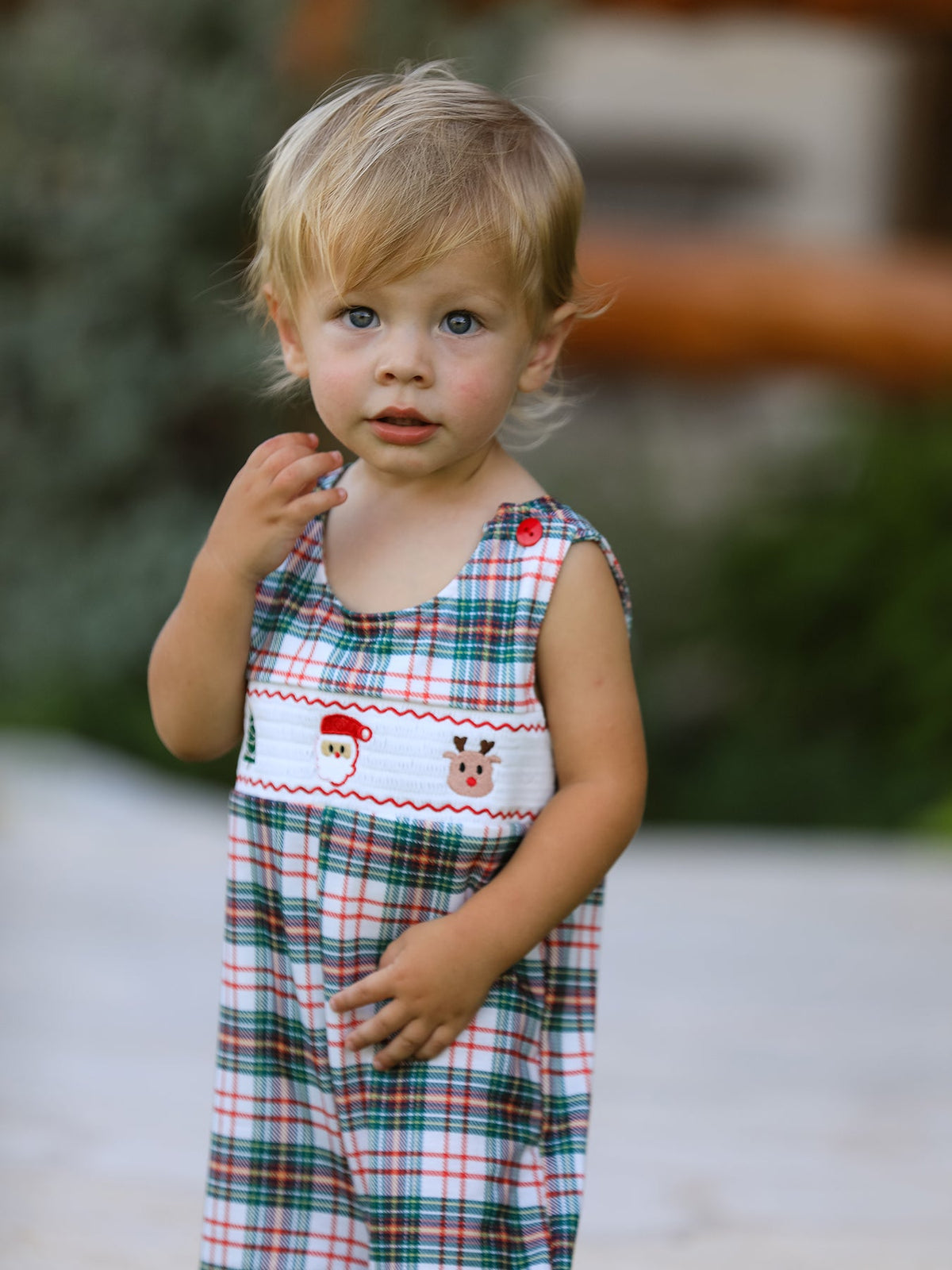 Christmas Jonjon Plaid Smocking Embroidered Boys Romper - Rylee Faith Designs - Flyclothing LLC
