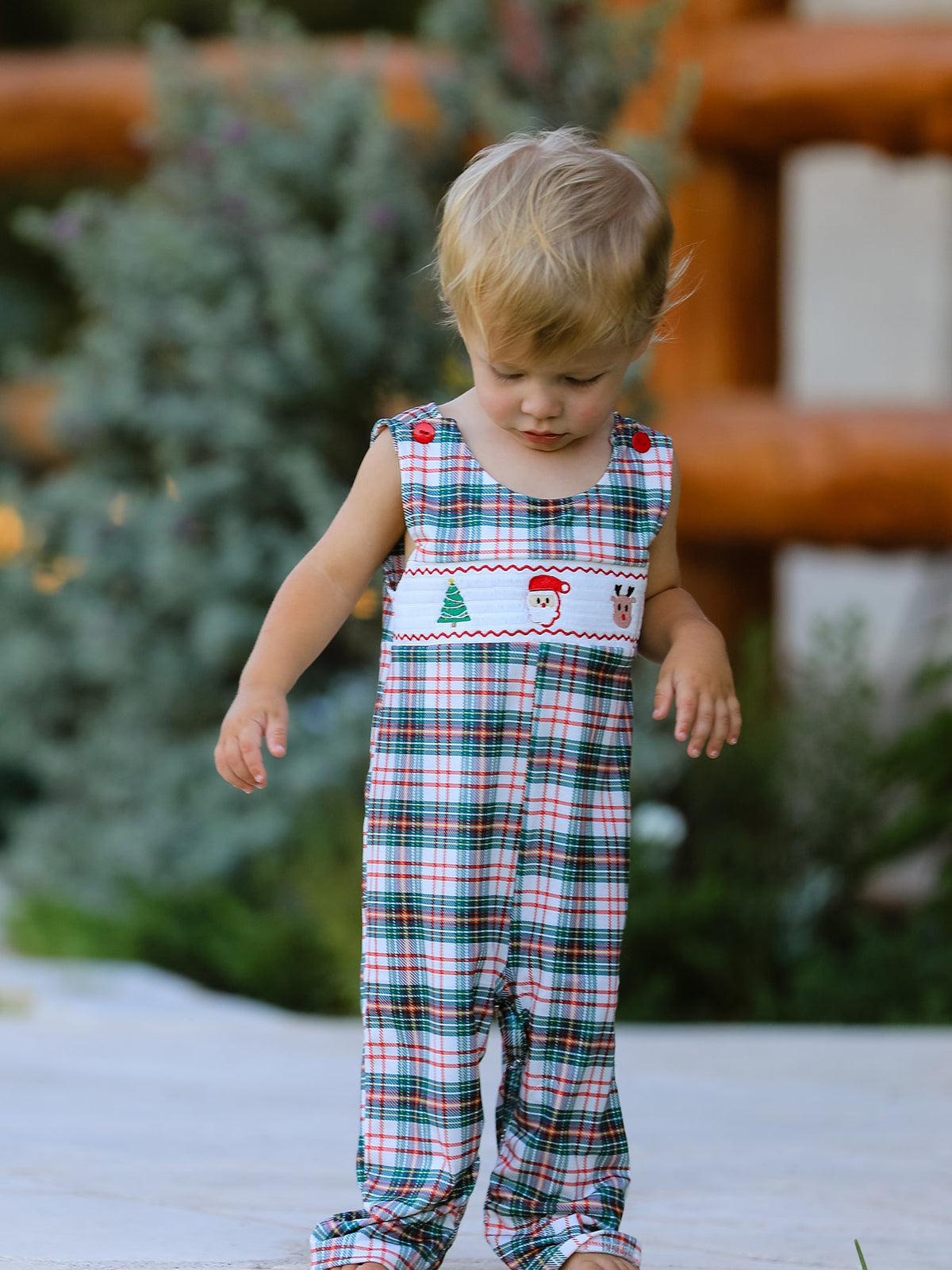Christmas Jonjon Plaid Smocking Embroidered Boys Romper - Rylee Faith Designs - Flyclothing LLC