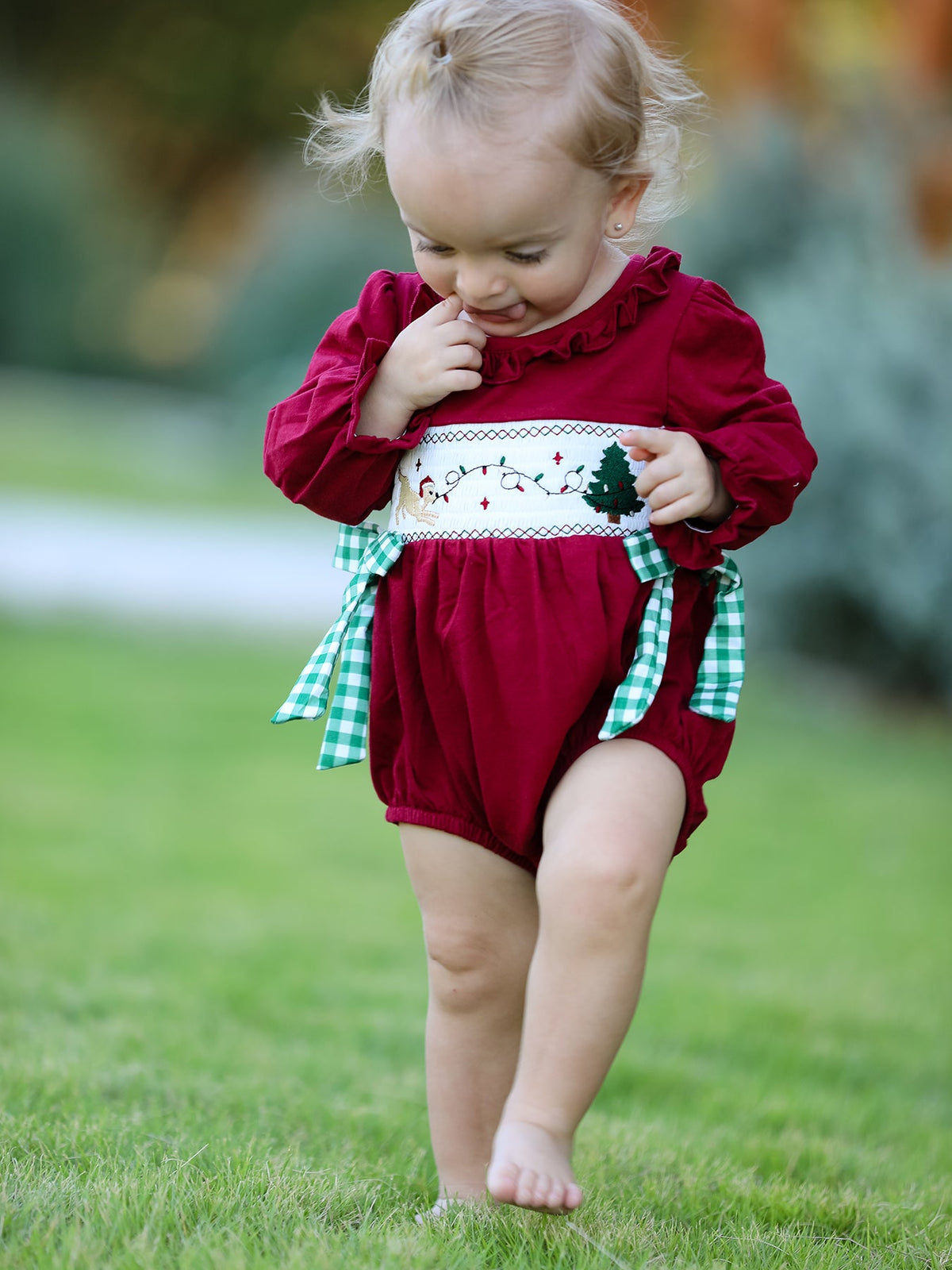 Christmas Embroidered Baby Girls Romper with Green Plaid Bow - Rylee Faith Designs - Flyclothing LLC