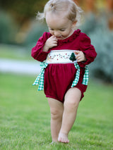 Christmas Embroidered Baby Girls Romper with Green Plaid Bow - Rylee Faith Designs - Flyclothing LLC