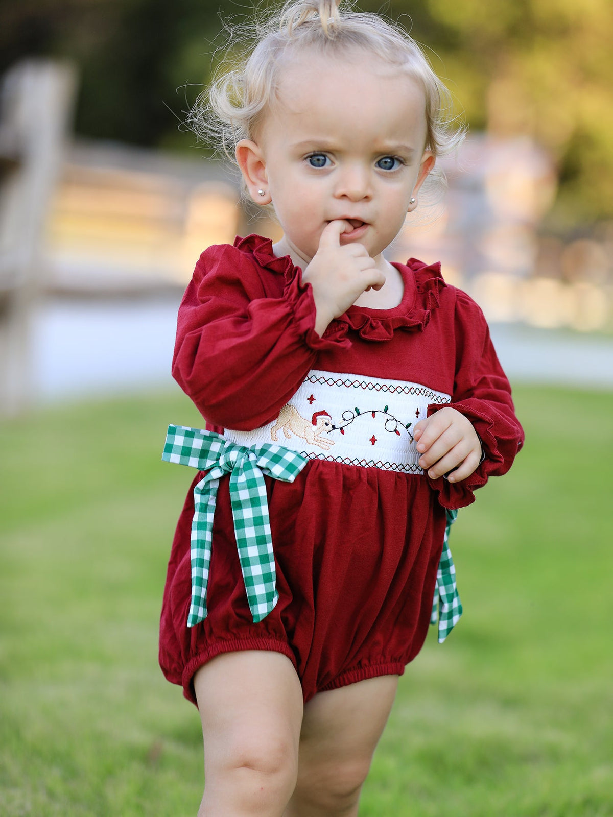 Christmas Embroidered Baby Girls Romper with Green Plaid Bow - Rylee Faith Designs - Flyclothing LLC