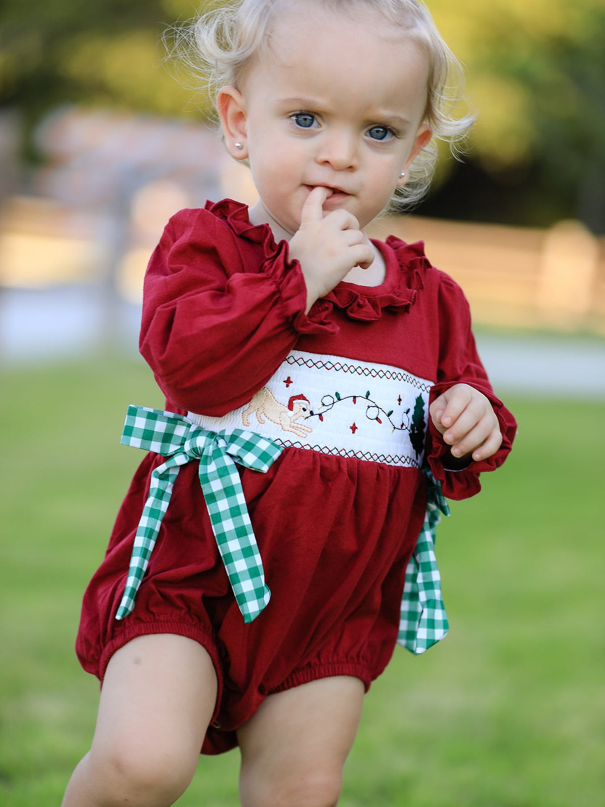 Christmas Embroidered Baby Girls Romper with Green Plaid Bow - Rylee Faith Designs - Flyclothing LLC