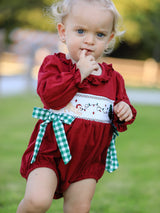 Christmas Embroidered Baby Girls Romper with Green Plaid Bow - Rylee Faith Designs - Flyclothing LLC