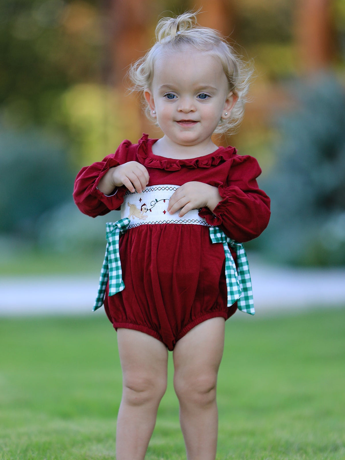 Christmas Embroidered Baby Girls Romper with Green Plaid Bow - Rylee Faith Designs - Flyclothing LLC
