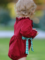 Christmas Embroidered Baby Girls Romper with Green Plaid Bow - Rylee Faith Designs - Flyclothing LLC
