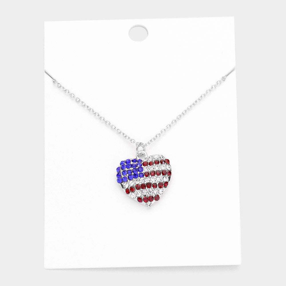 Rhinestone Embellished American USA Flag Heart Pendant Necklace - Madeline Love - Flyclothing LLC