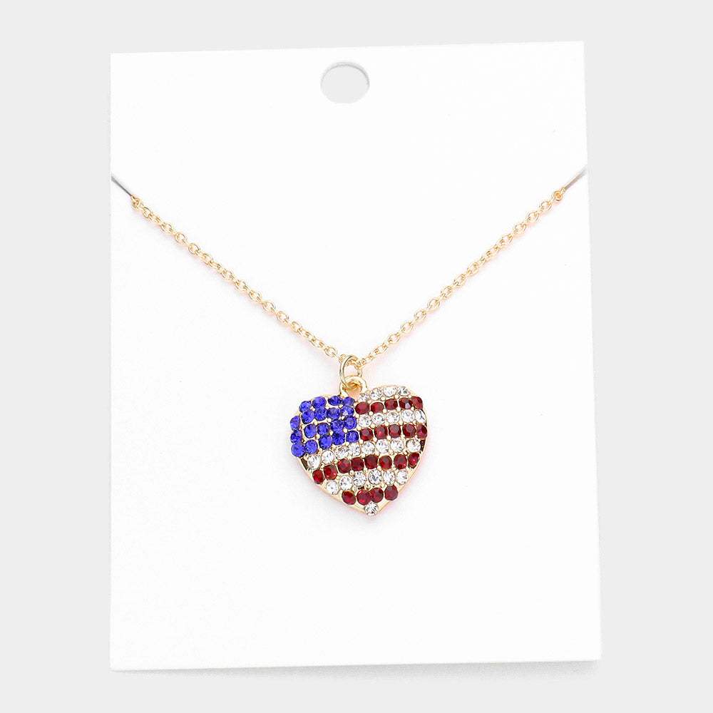 Rhinestone Embellished American USA Flag Heart Pendant Necklace - Madeline Love - Flyclothing LLC