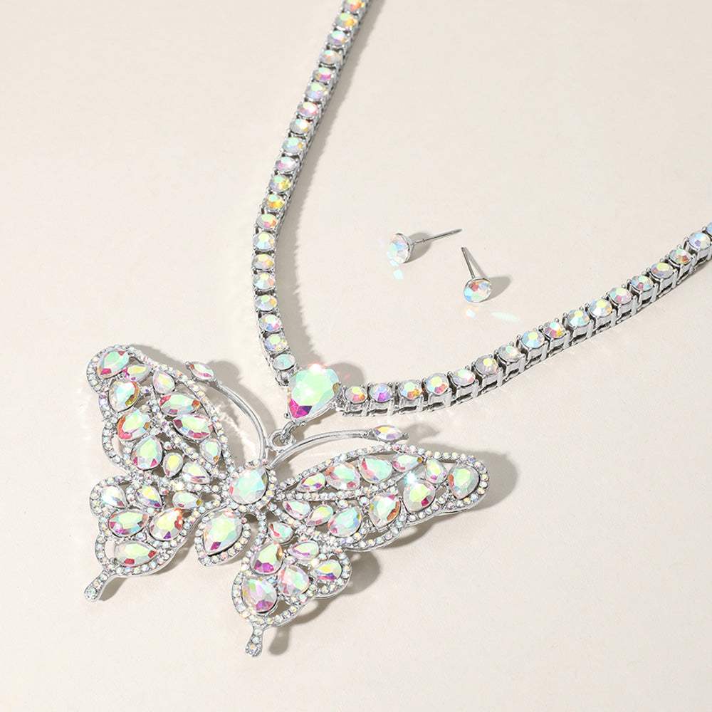 Rhinestone Embellished Butterfly Pendant Accented Tennis Chain Evening Necklace - Madeline Love - Flyclothing LLC