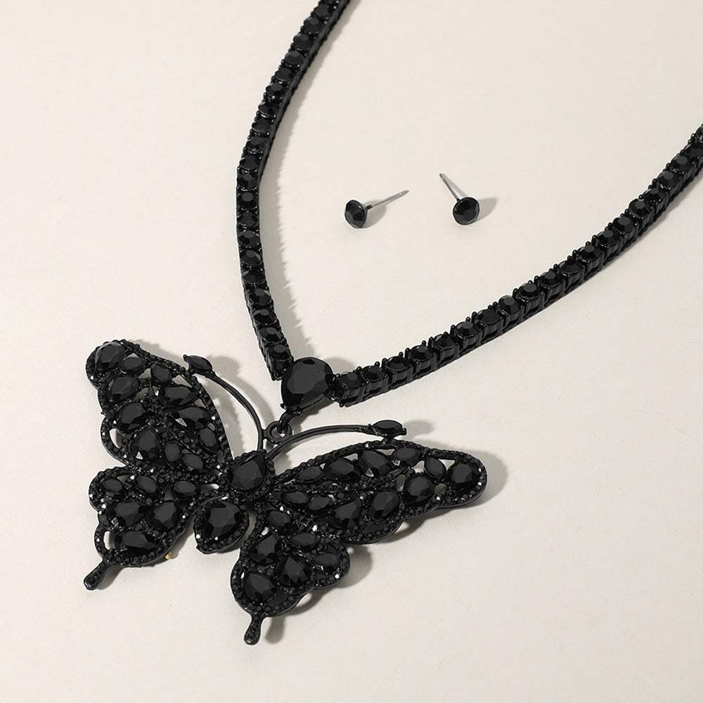 Rhinestone Embellished Butterfly Pendant Accented Tennis Chain Evening Necklace - Madeline Love - Flyclothing LLC