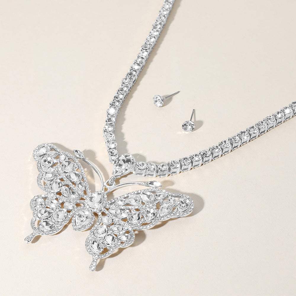 Rhinestone Embellished Butterfly Pendant Accented Tennis Chain Evening Necklace - Madeline Love - Flyclothing LLC