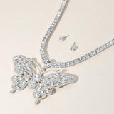 Rhinestone Embellished Butterfly Pendant Accented Tennis Chain Evening Necklace - Madeline Love - Flyclothing LLC