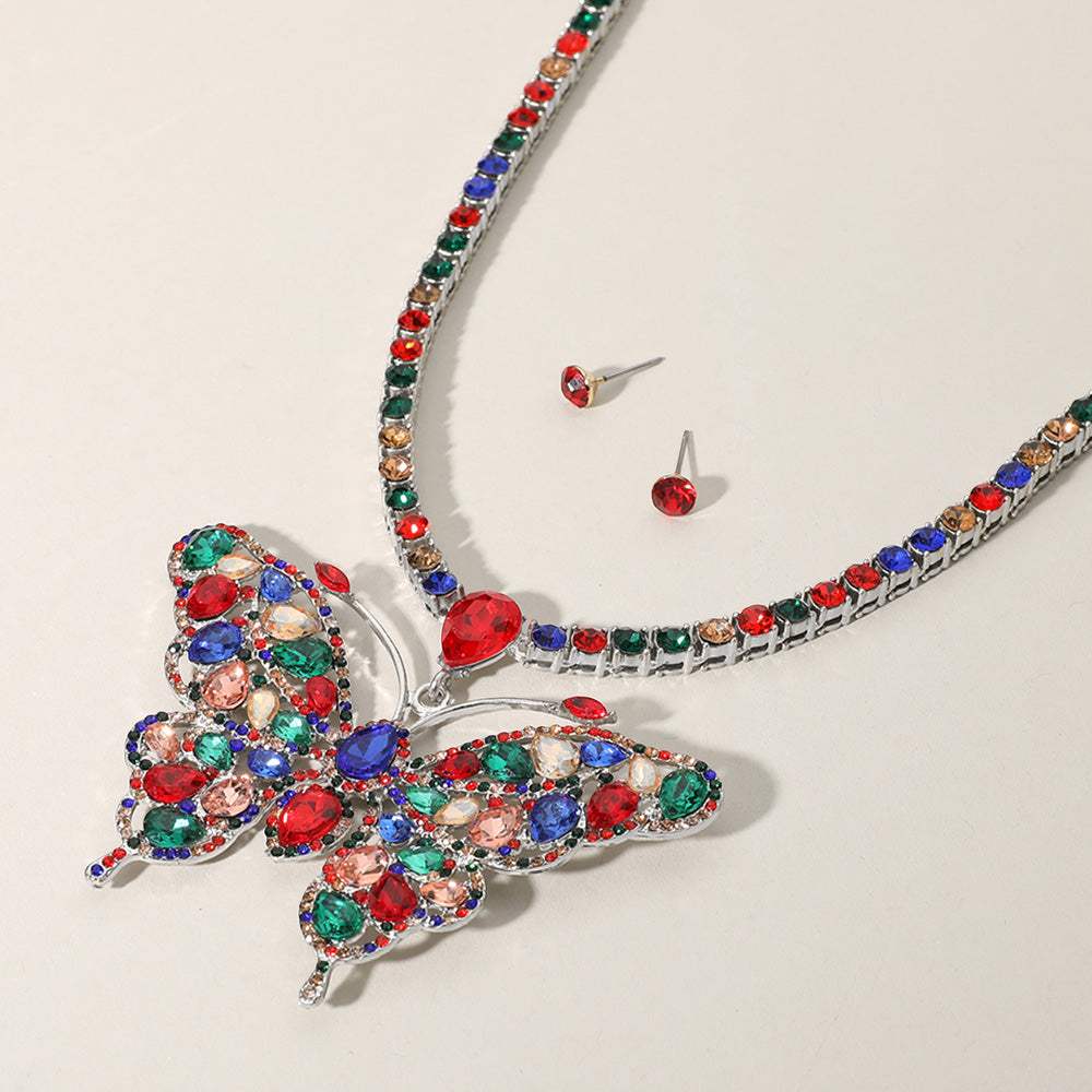 Rhinestone Embellished Butterfly Pendant Accented Tennis Chain Evening Necklace - Madeline Love - Flyclothing LLC