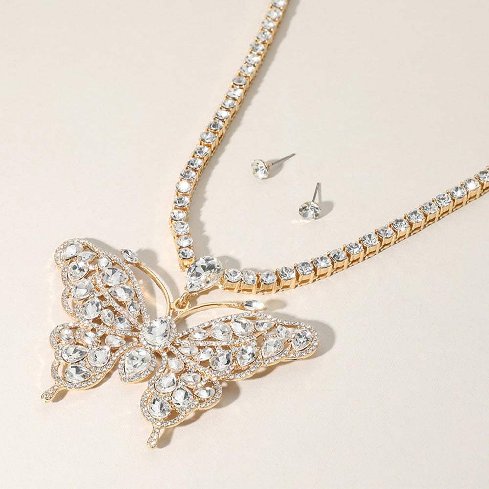Rhinestone Embellished Butterfly Pendant Accented Tennis Chain Evening Necklace - Madeline Love - Flyclothing LLC
