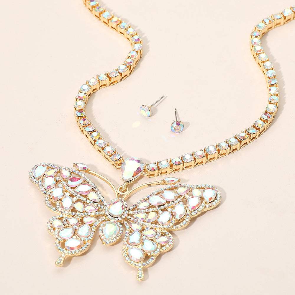 Rhinestone Embellished Butterfly Pendant Accented Tennis Chain Evening Necklace - Madeline Love - Flyclothing LLC