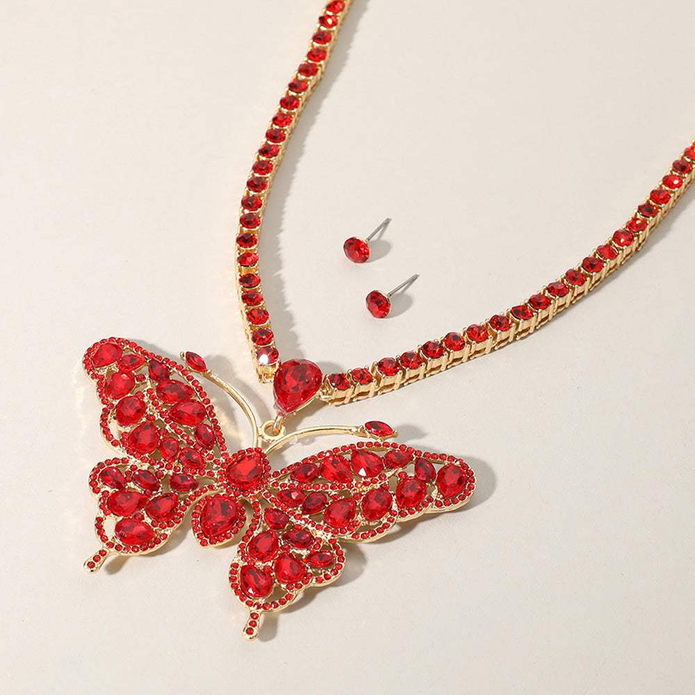 Rhinestone Embellished Butterfly Pendant Accented Tennis Chain Evening Necklace - Madeline Love - Flyclothing LLC