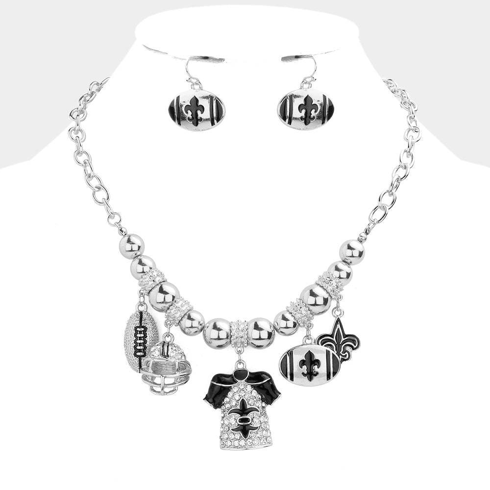 Rhinestone Embellished Fleur de Lis Accented Football Helmet Uniform Pendant Necklace - Madeline Love - Flyclothing LLC