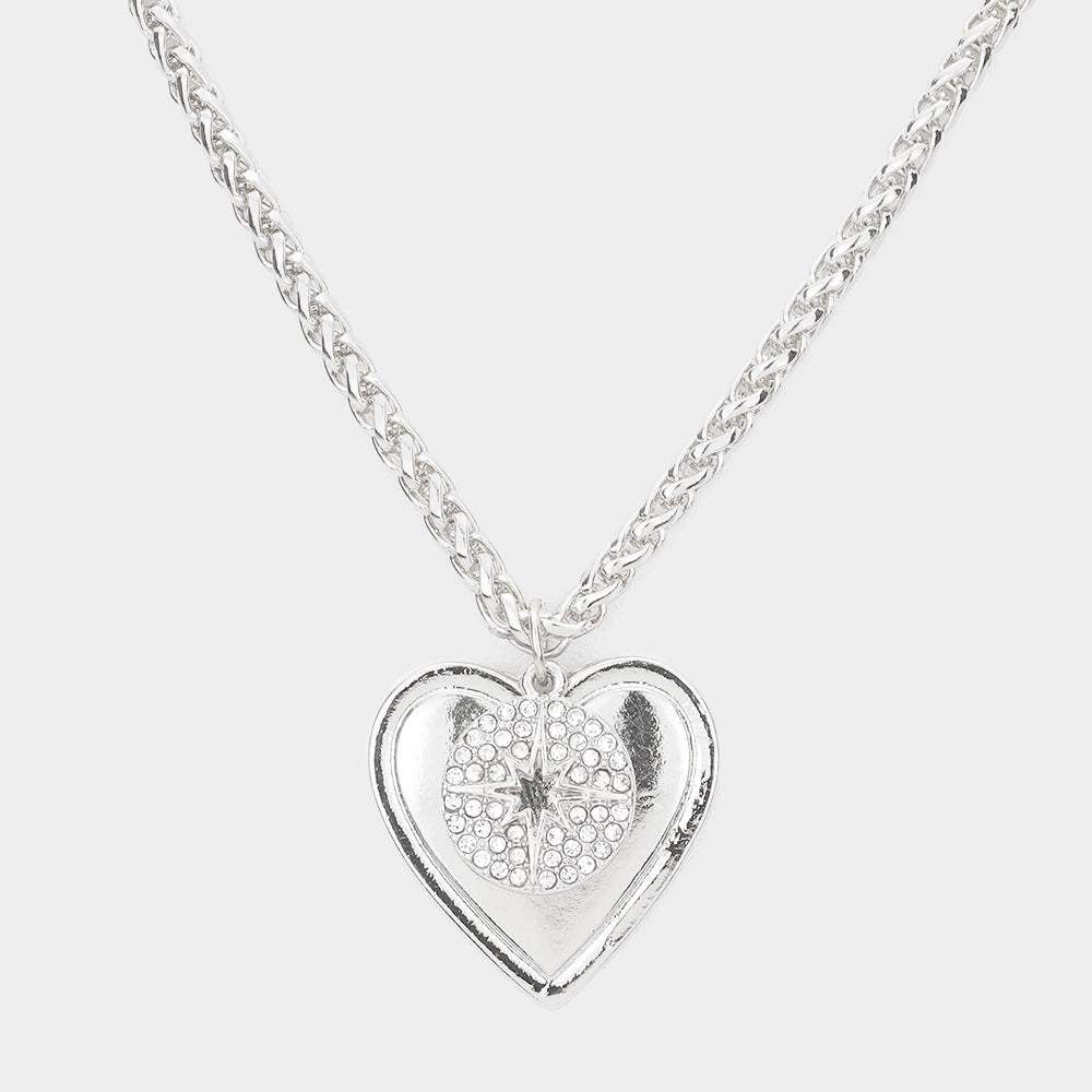 Rhinestone Embellished North Star Metal Heart Pendant Necklace - Madeline Love - Flyclothing LLC