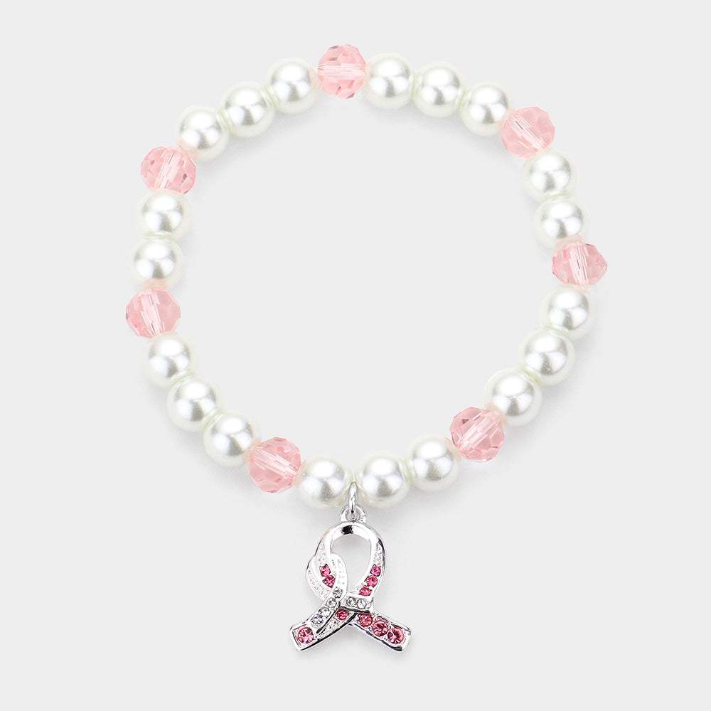 Rhinestone Embellished Pink Ribbon Charm Pearl Stretch Bracelet - Madeline Love - Flyclothing LLC