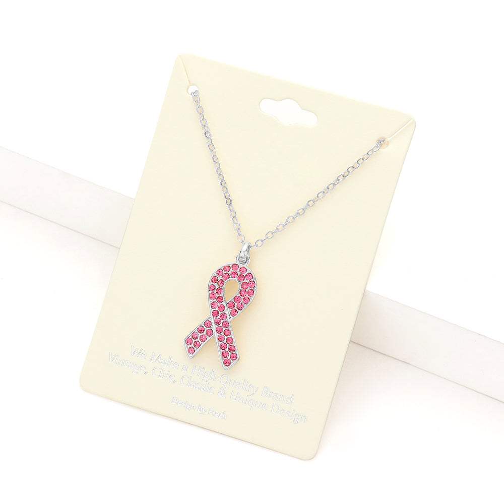 Rhinestone Embellished Pink Ribbon Pendant Necklace - Madeline Love - Flyclothing LLC