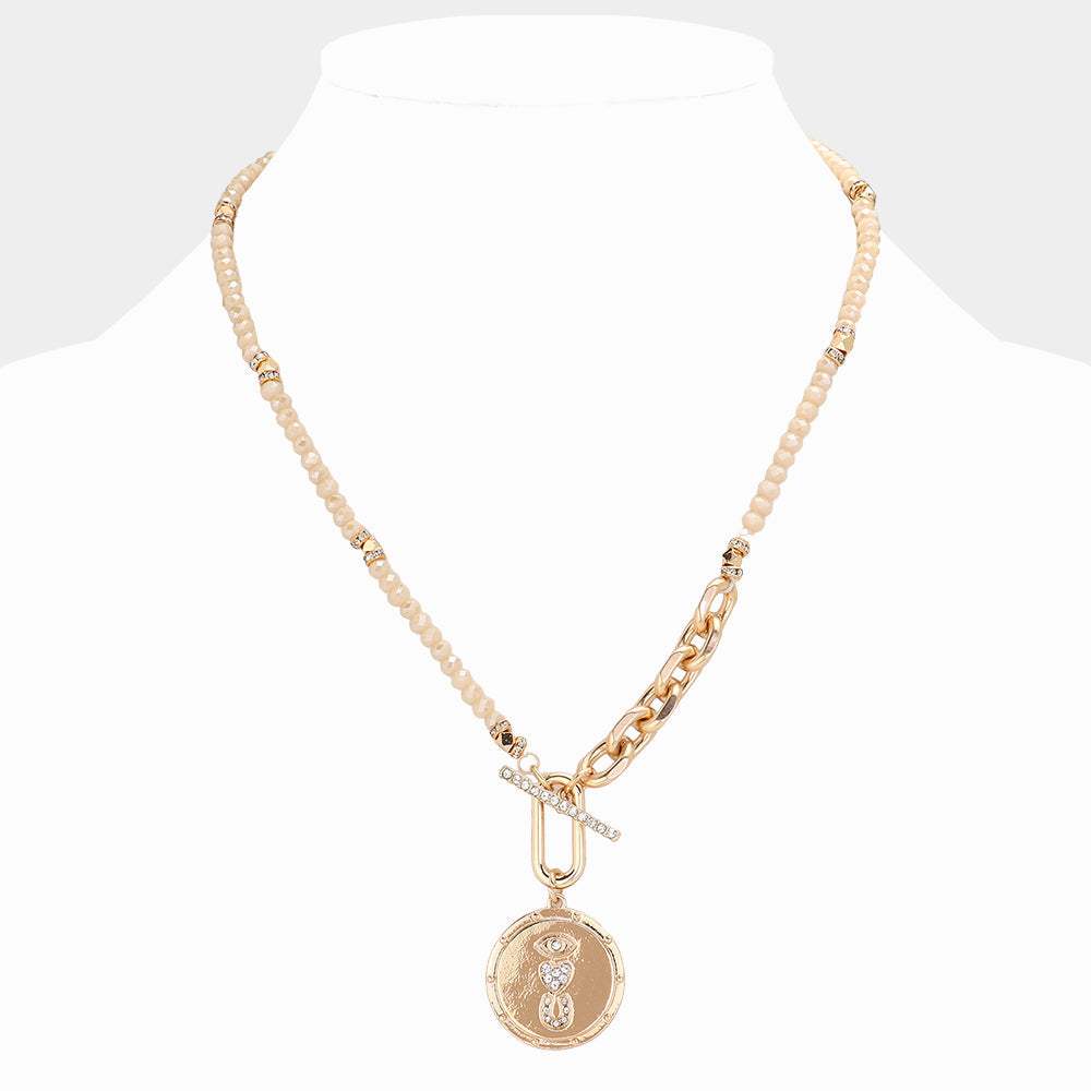 Rhinestone Evil Eye Heart Horseshoe Accented Metal Round Pendant Faceted Beaded Necklace - Madeline Love - Flyclothing LLC