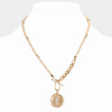 Rhinestone Evil Eye Heart Horseshoe Accented Metal Round Pendant Faceted Beaded Necklace - Madeline Love - Flyclothing LLC