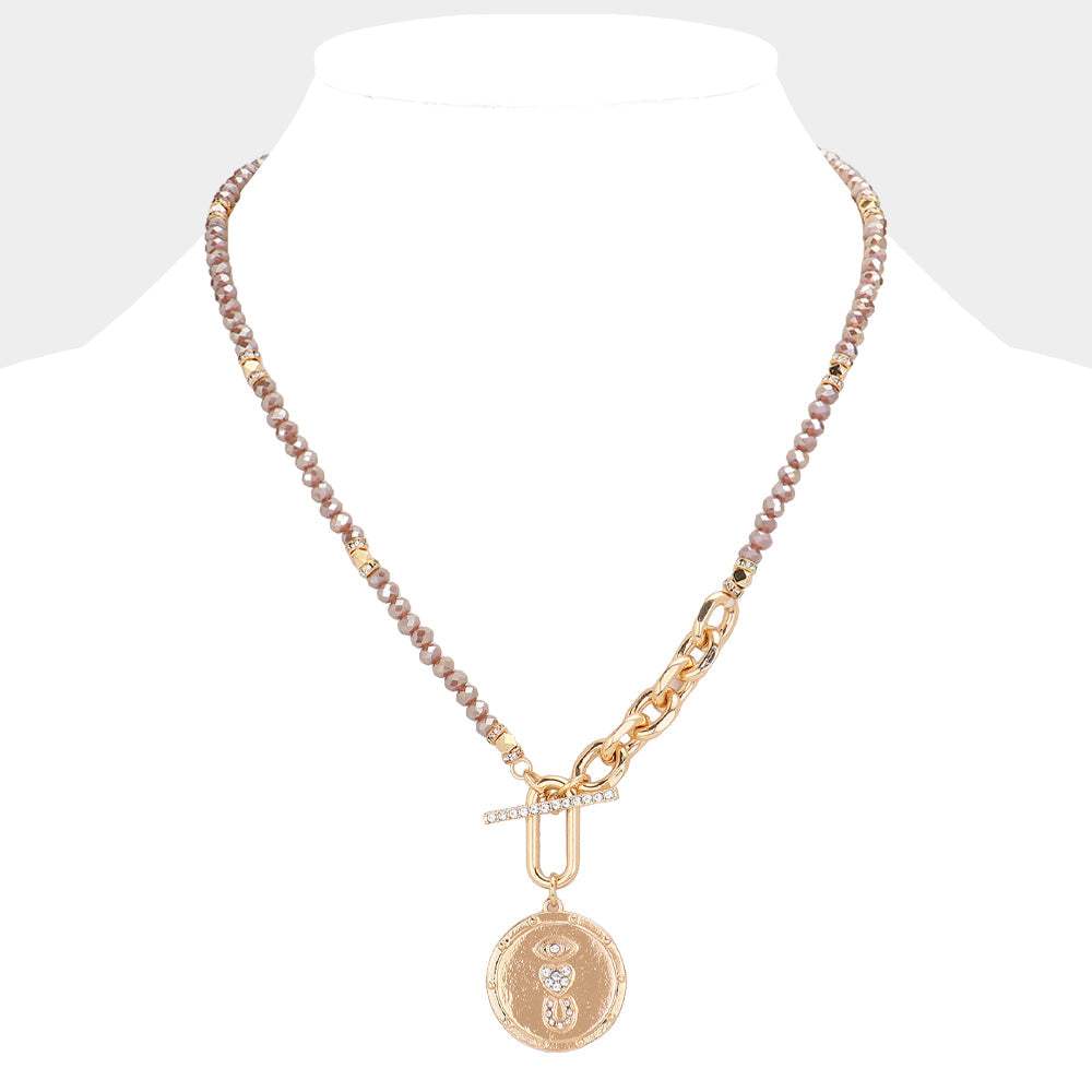 Rhinestone Evil Eye Heart Horseshoe Accented Metal Round Pendant Faceted Beaded Necklace - Madeline Love - Flyclothing LLC
