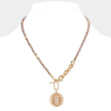 Rhinestone Evil Eye Heart Horseshoe Accented Metal Round Pendant Faceted Beaded Necklace - Madeline Love - Flyclothing LLC