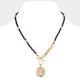 Rhinestone Evil Eye Heart Horseshoe Accented Metal Round Pendant Faceted Beaded Necklace - Madeline Love - Flyclothing LLC