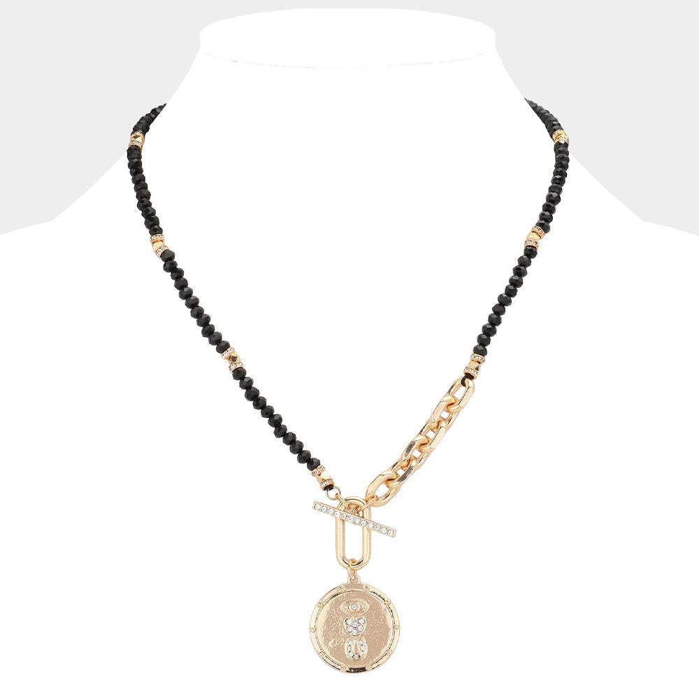 Rhinestone Evil Eye Heart Horseshoe Accented Metal Round Pendant Faceted Beaded Necklace - Madeline Love - Flyclothing LLC