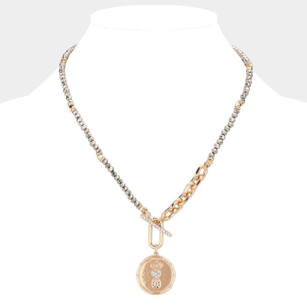 Rhinestone Evil Eye Heart Horseshoe Accented Metal Round Pendant Faceted Beaded Necklace - Madeline Love - Flyclothing LLC