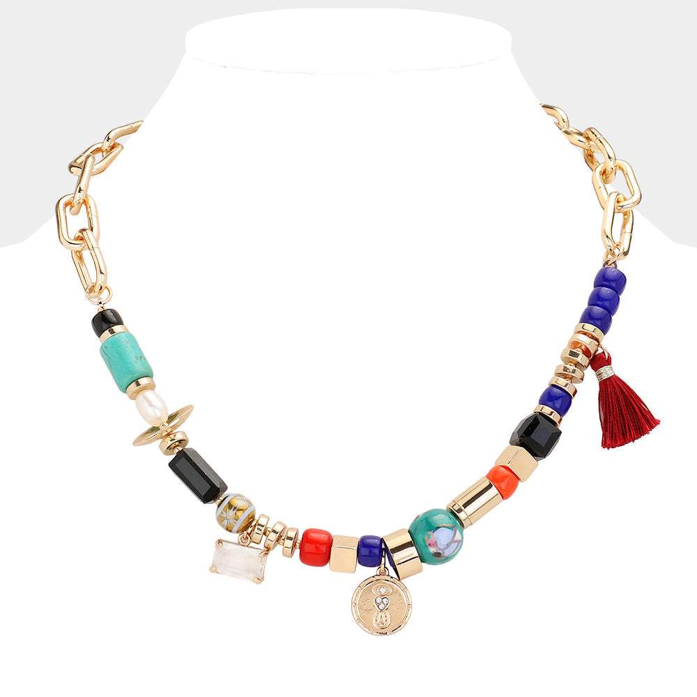 Rhinestone Evil Eye Heart Horseshoe Metal Disc Tassel Pendant Freshwater Pearl Multi Beaded Necklace - Madeline Love - Flyclothing LLC
