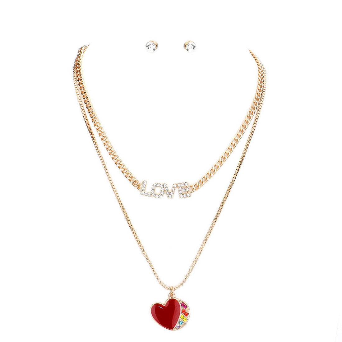 Rhinestone LOVE Message Enamel Heart Pendant Jewelry Set - Madeline Love - Flyclothing LLC