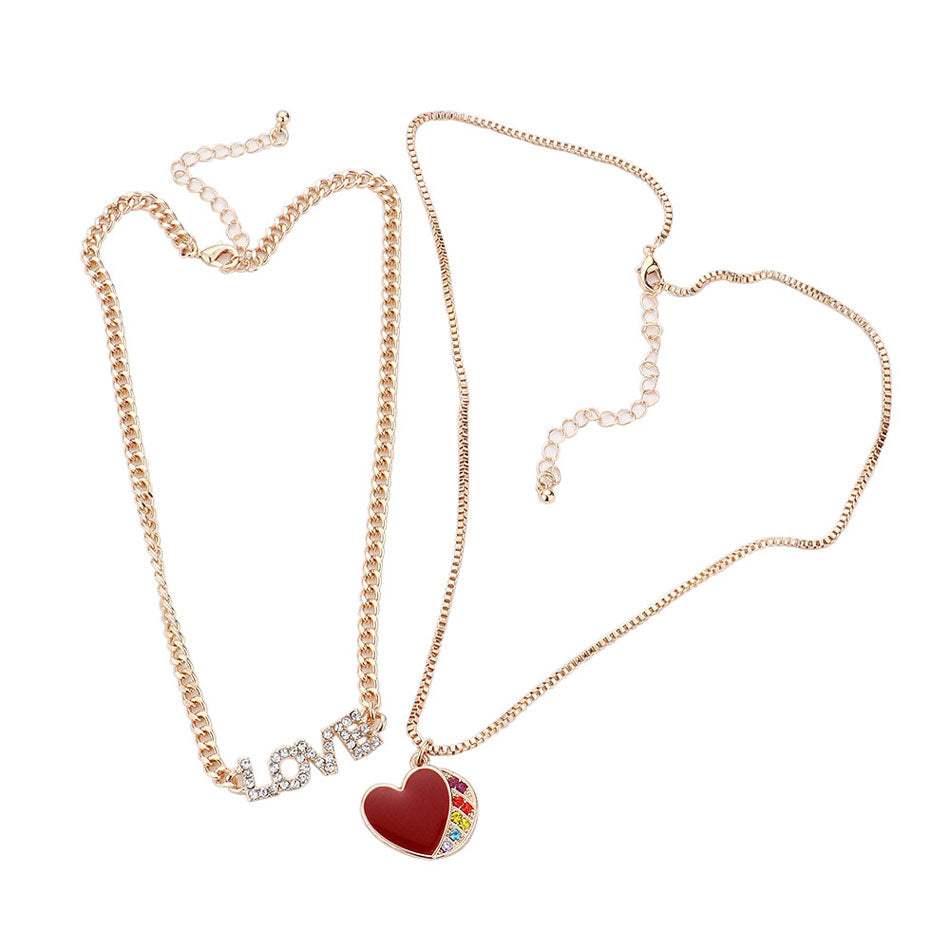 Rhinestone LOVE Message Enamel Heart Pendant Jewelry Set - Madeline Love - Flyclothing LLC