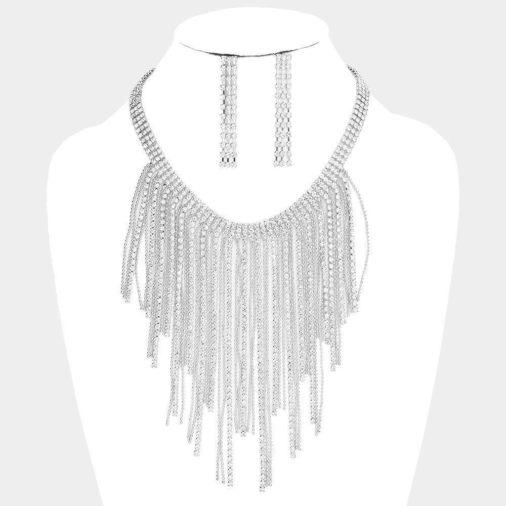 Rhinestone Metal Ball Chain Fringe Choker Necklace - Madeline Love - Flyclothing LLC