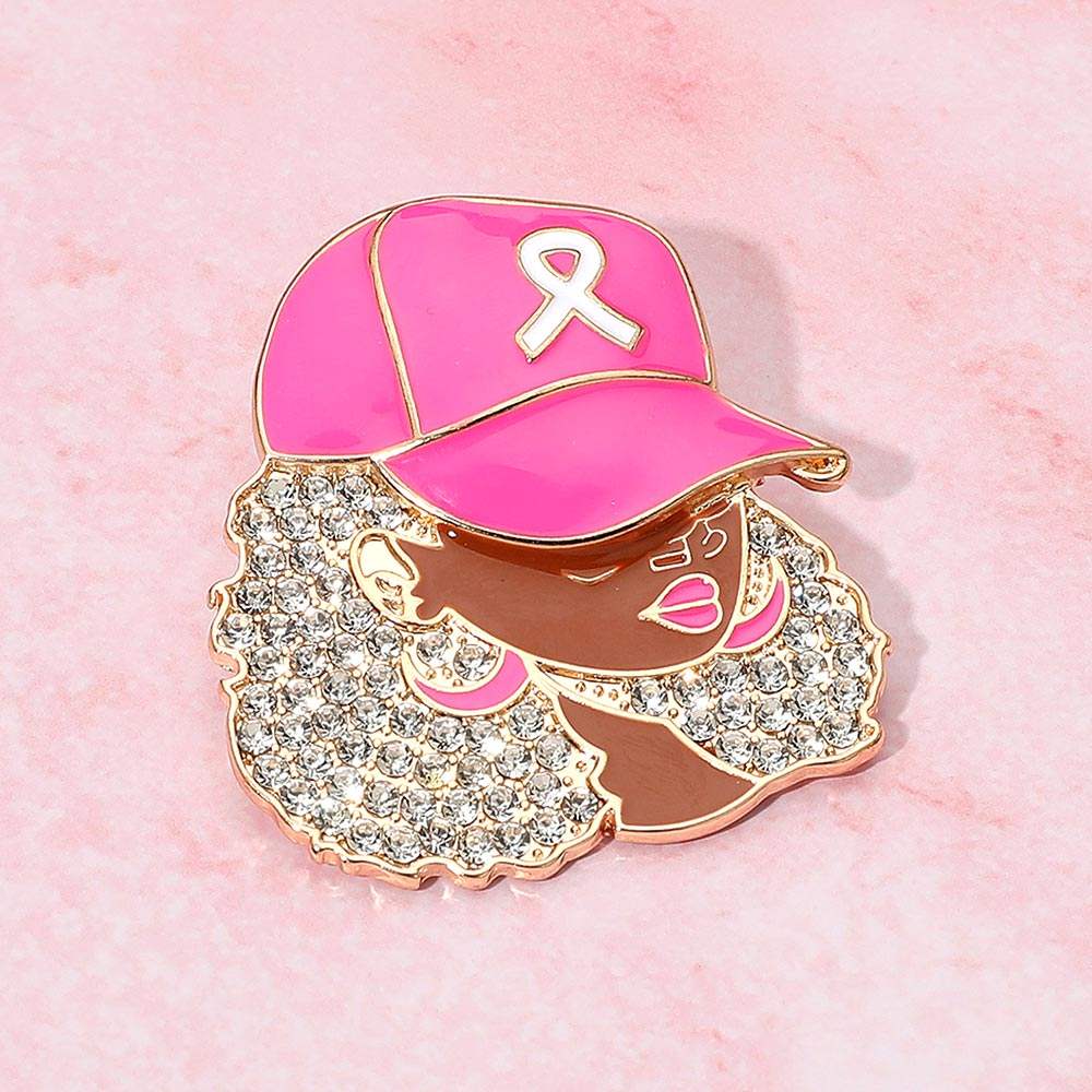 Rhinestone Paved Cool Afro Woman in Awareness Pink Ribbon Cap Pin Brooch - Madeline Love - Flyclothing LLC