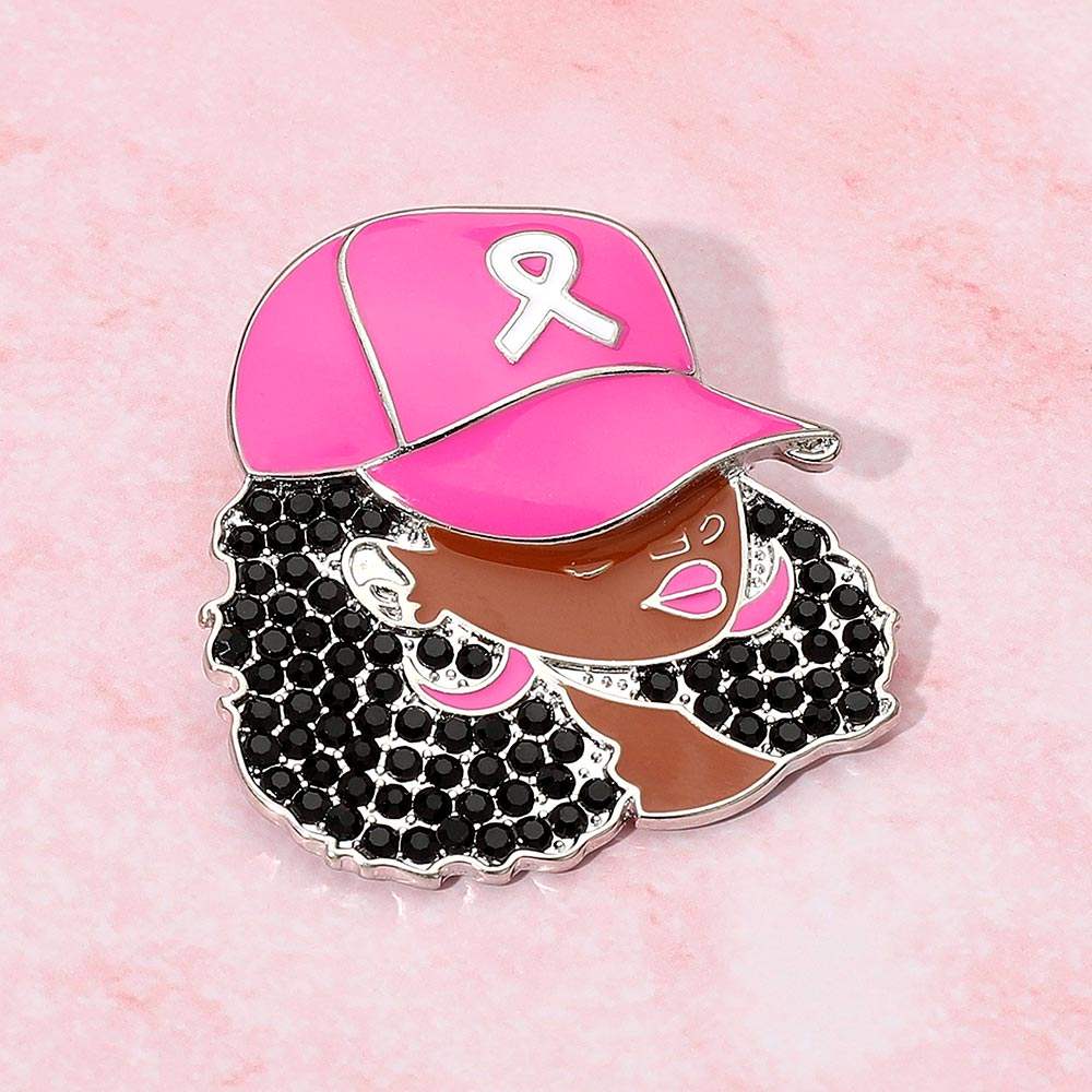 Rhinestone Paved Cool Afro Woman in Awareness Pink Ribbon Cap Pin Brooch - Madeline Love - Flyclothing LLC