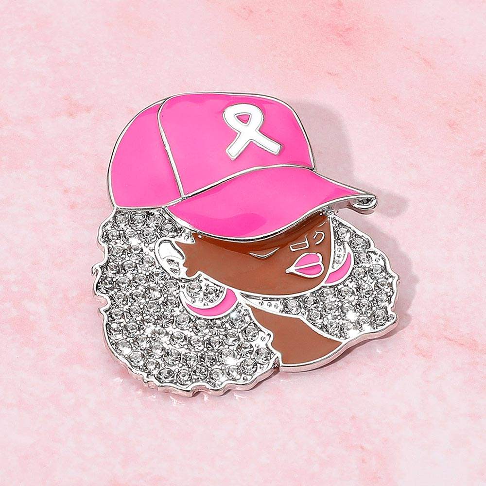 Rhinestone Paved Cool Afro Woman in Awareness Pink Ribbon Cap Pin Brooch - Madeline Love - Flyclothing LLC