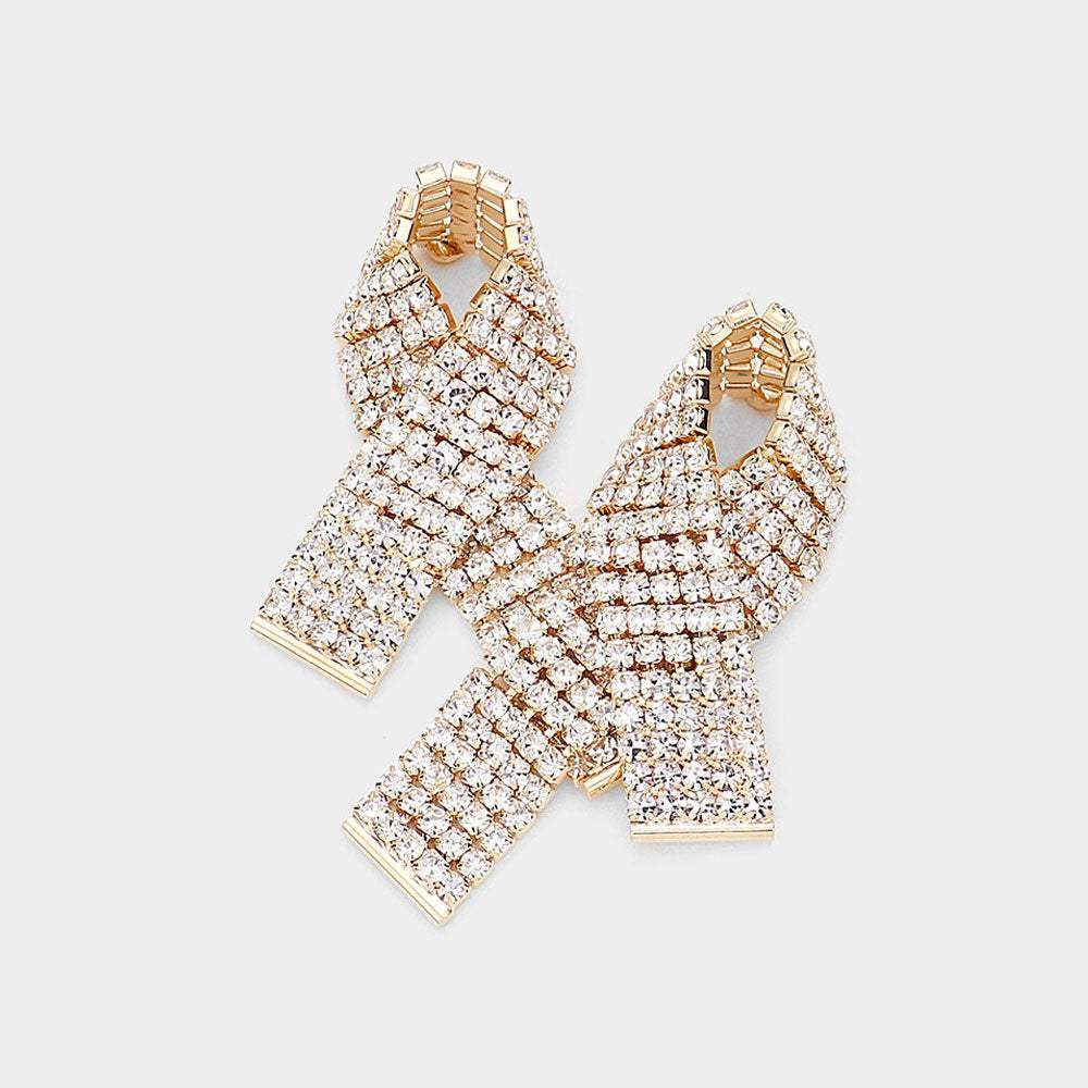 Rhinestone Paved Pink Ribbon Stud Earrings - Madeline Love - Flyclothing LLC