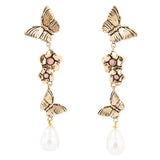 Rhodonite and White Pearl Golden Butterflies Post Drop Earrings - Barse Jewelry - Flyclothing LLC
