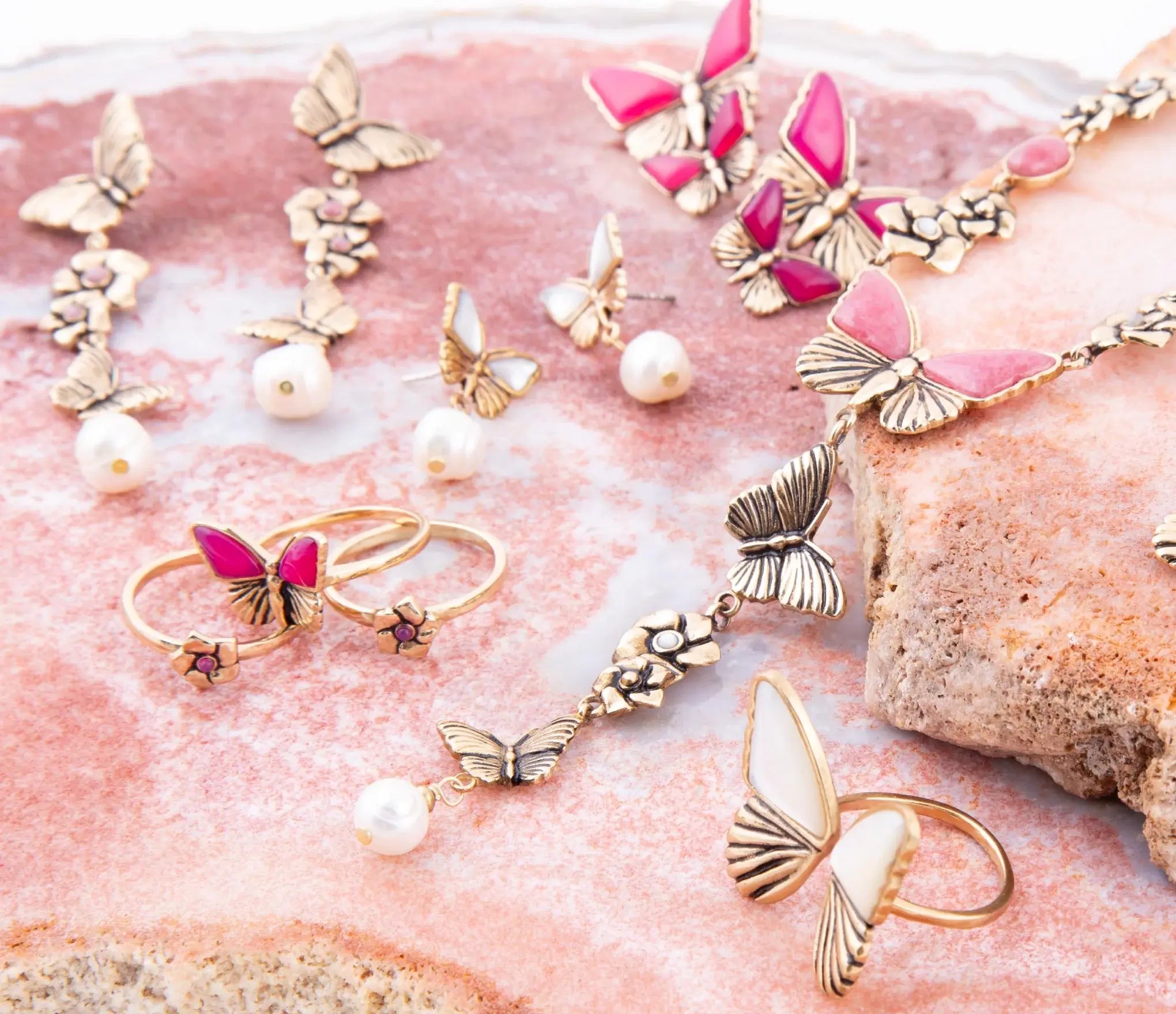 Rhodonite and White Pearl Golden Butterflies Post Drop Earrings - Barse Jewelry - Flyclothing LLC
