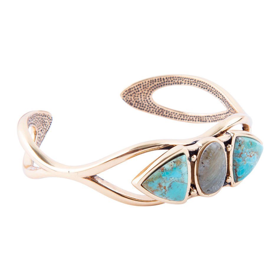 Gray Labradorite and Blue Turquoise Golden Cuff Bracelet - Barse Jewelry
