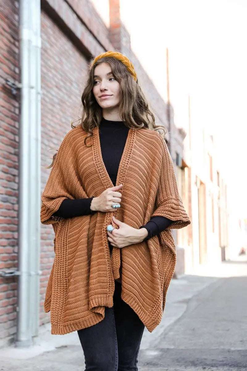 Ridged Texture Knit Ruana – Warm & Elegant Wrap